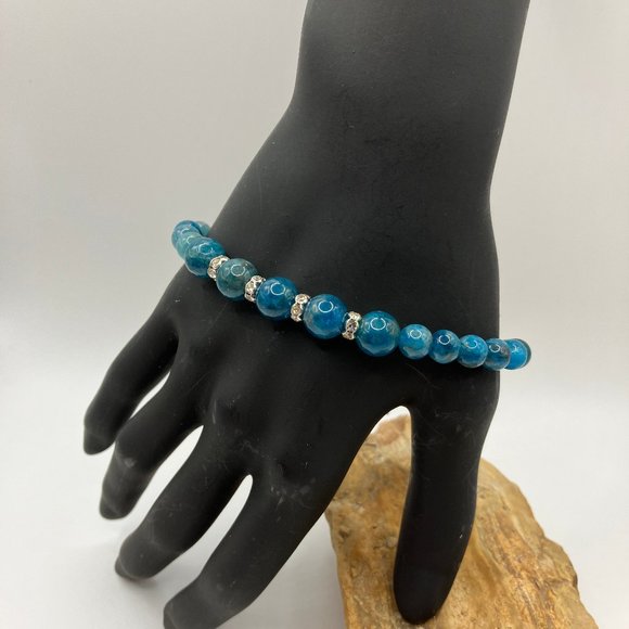 NEW Apatite Beaded 7.5 inch Bracelet with Rhinestone spacers Handmade - Picture 8 of 9
